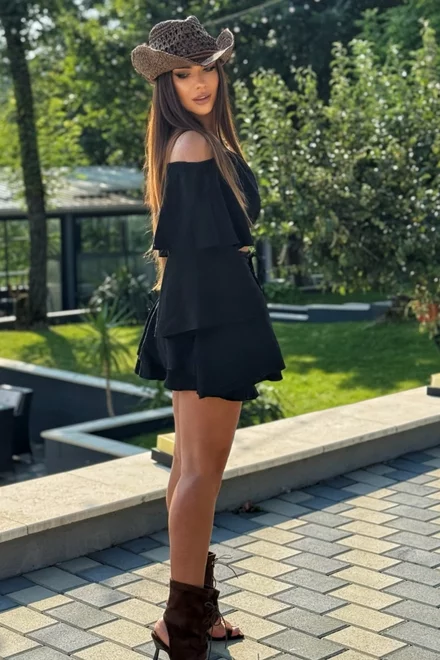 Compleu de Dama, din Tesatura Tip In, Top Scurt si Fusta cu Siret Reglabil, Anoilze, Negru