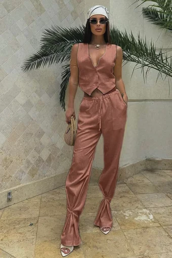 Compleu de Dama, din Tesatura Tip In, Vesta si Pantalon Lejer cu Buzunare, Capry, Maro
