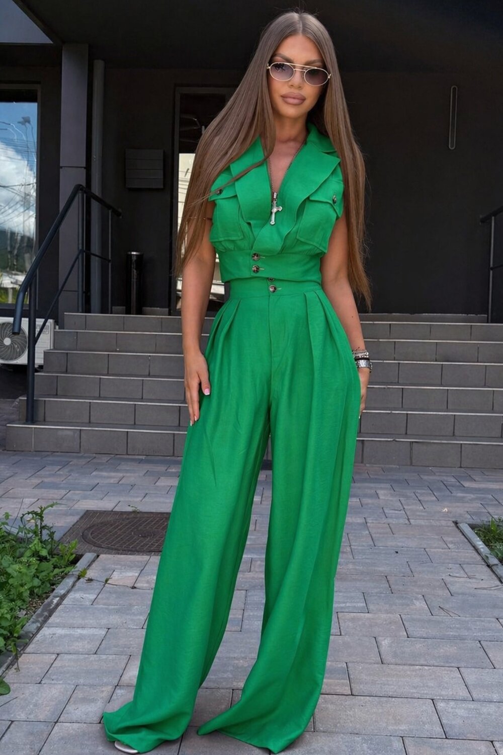 FOGGI Compleu De Dama, Din Tesatura Tip In, Vesta Si Pantalon Lejer, Glory, Verde