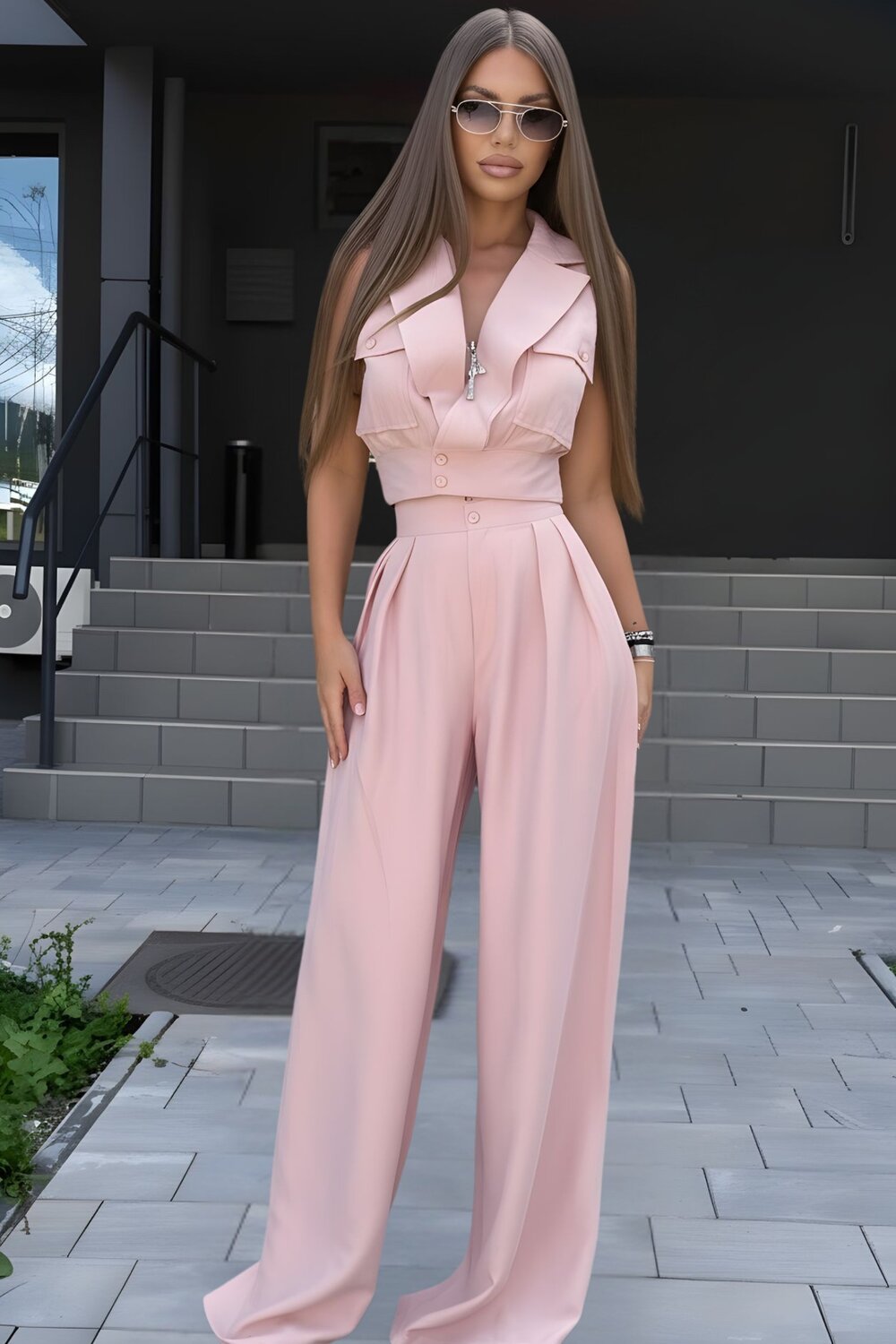 FOGGI Compleu De Dama, Din Tesatura Tip In, Vesta Si Pantalon Lejer, Tulippe, Roz