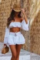 Compleu de Dama, din Voal, Format din Doua Piese, Top Scurt si Fusta Pantalon, Lefkada, Alb