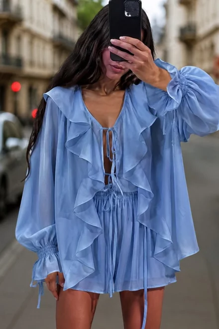 Compleu de Dama, Doua Piese, Camasa si Fusta Pantalon din Voal, Lizzano, Bleu