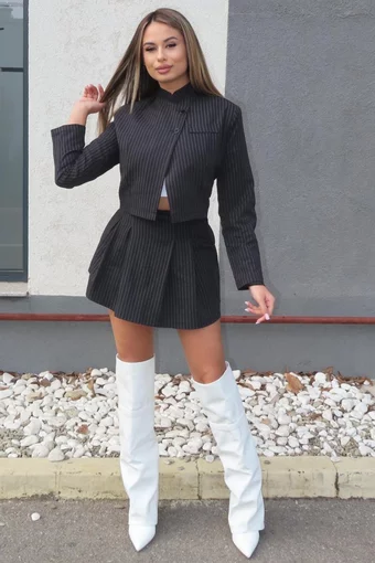 Compleu de Dama, Doua Piese, din Bistrech, Sacou si Fusta-Pantalon cu Dungi, Power, Negru