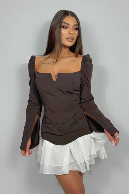 Compleu de Dama, Doua Piese, din Bistrech, Top pe Umeri si Fusta cu Poplin Alb, Masha, Maro Inchis