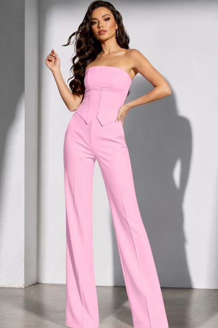 Compleu de Dama, Doua Piese, din Bistrech, Top si Pantalon Lung, Jadore, Roz