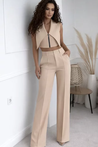 Compleu de Dama, Doua Piese, din Bistrech, Vesta si Pantalon Lung, Fusun, Bej