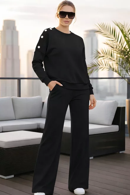 Compleu de Dama, Doua Piese, din Bumbac, Bluza Accesorizata cu Capse si Pantalon Lejer, Kallyes, Negru