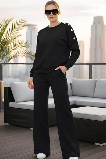 Compleu de Dama, Doua Piese, din Bumbac, Bluza Accesorizata cu Capse si Pantalon Lejer, Kallyes, Negru