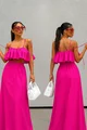 Compleu De Dama, Doua Piese,Fusta Lunga si Top din Tesatura Tip In,Novar, Fuchsia 