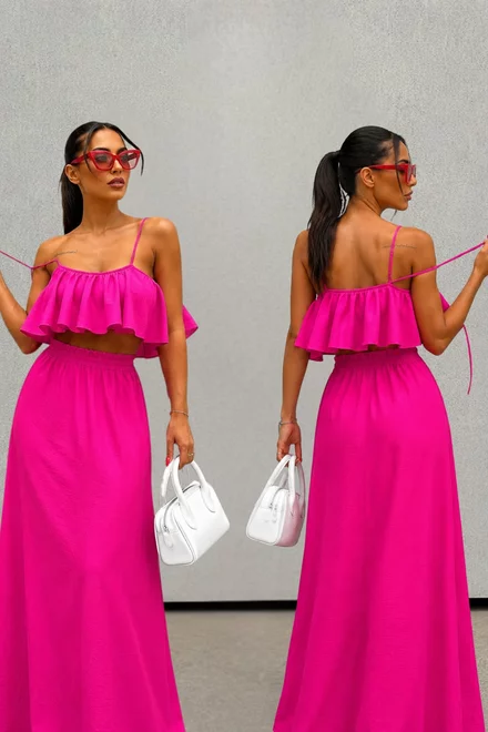 Compleu De Dama, Doua Piese,Fusta Lunga si Top din Tesatura Tip In,Novar, Fuchsia 