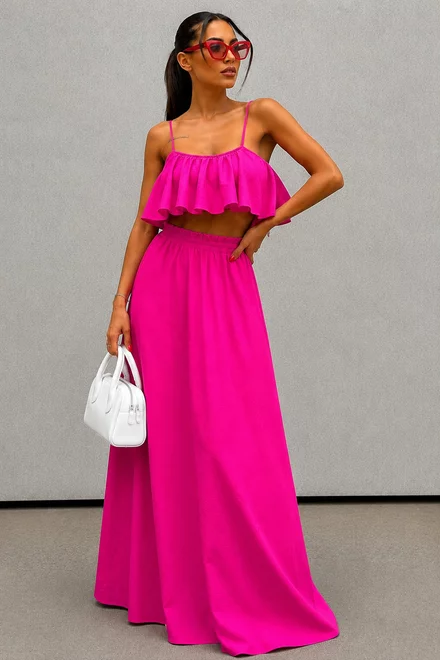 Compleu De Dama, Doua Piese,Fusta Lunga si Top din Tesatura Tip In,Novar, Fuchsia 
