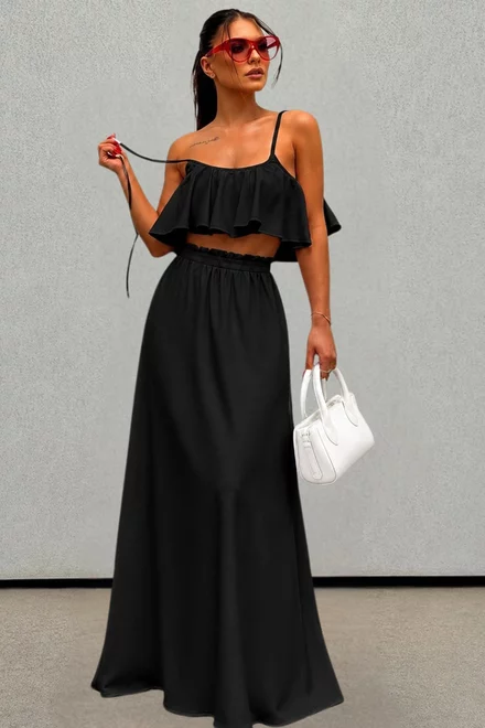Compleu de Dama, Doua Piese, Fusta Lunga si Top din Tesatura Tip In, Zelyope, Negru
