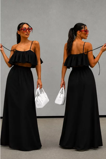 Compleu de Dama, Doua Piese, Fusta Lunga si Top din Tesatura Tip In, Zelyope, Negru