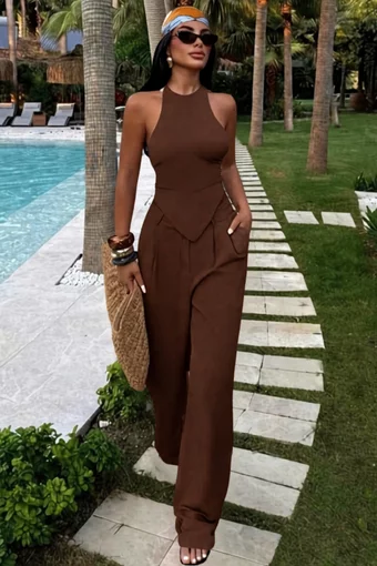 Compleu de Dama, Doua Piese,Top cu Inchidere Cordon si Pantalon Lejer cu Buzunare, din Bistrech, Mirielle, Maron Inchis