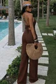 Compleu de Dama, Doua Piese,Top cu Inchidere Cordon si Pantalon Lejer cu Buzunare, din Bistrech, Mirielle, Maron Inchis