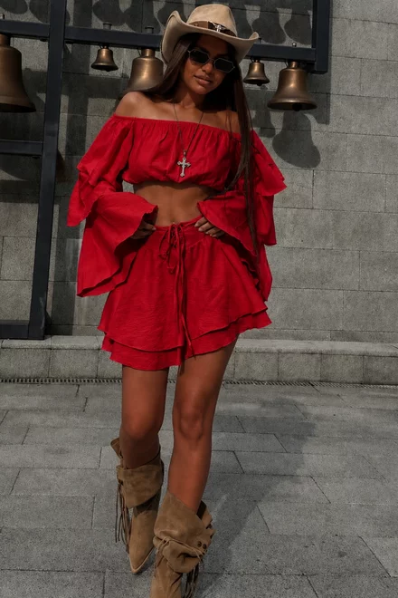  Compleu de Dama, Format din Doua Piese, Top Scurt si Fusta Pantalon,din Tesatura Tip In, Marymarr, Rosu