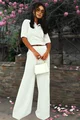 Compleu de Dama, Format din Tricou Polo si Pantalon Evazat cu Tiv Maxi, Cremmeria, Ivoire