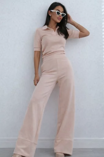 Compleu de Dama, Format din Tricou Polo si Pantalon Evazat cu Tiv Maxi, Versacc, Cappuccino