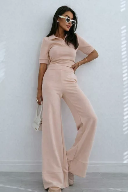 Compleu de Dama, Format din Tricou Polo si Pantalon Evazat cu Tiv Maxi, Versacc, Cappuccino