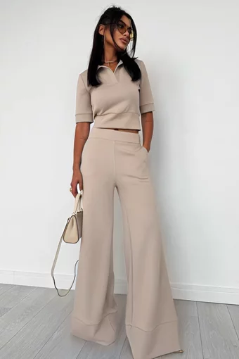 Compleu de Dama, Format din Tricou Polo si Pantalon Evazat cu Tiv Maxi, Versacc, Cappuccino