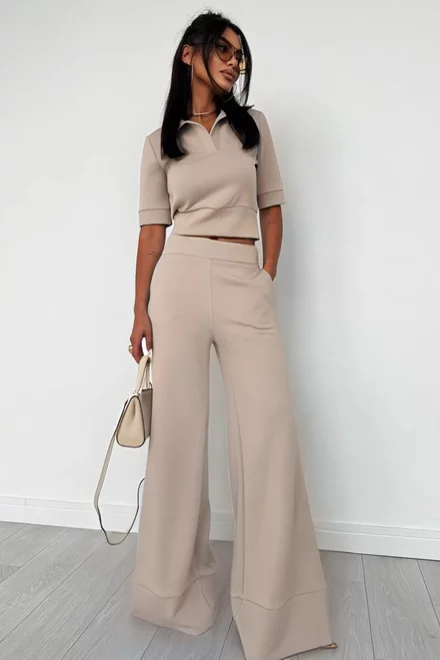 Compleu de Dama, Format din Tricou Polo si Pantalon Evazat cu Tiv Maxi, Versacc, Cappuccino