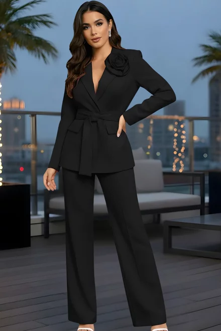 Compleu de Dama, Lejer, din Bistrech, Sacou Accesorizat cu Floare si Pantalon Lung,  Moonlinght, Negru