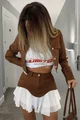 Compleu de Dama , Sacou Scurt cu Poplin in Contrast, din Doua Piese, si Fusta cu Volane, Fashio, Maro 
