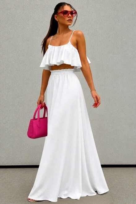 Compleu de Dama ,Tesatura tip In ,cu Top si Fusta , Vary, Alb