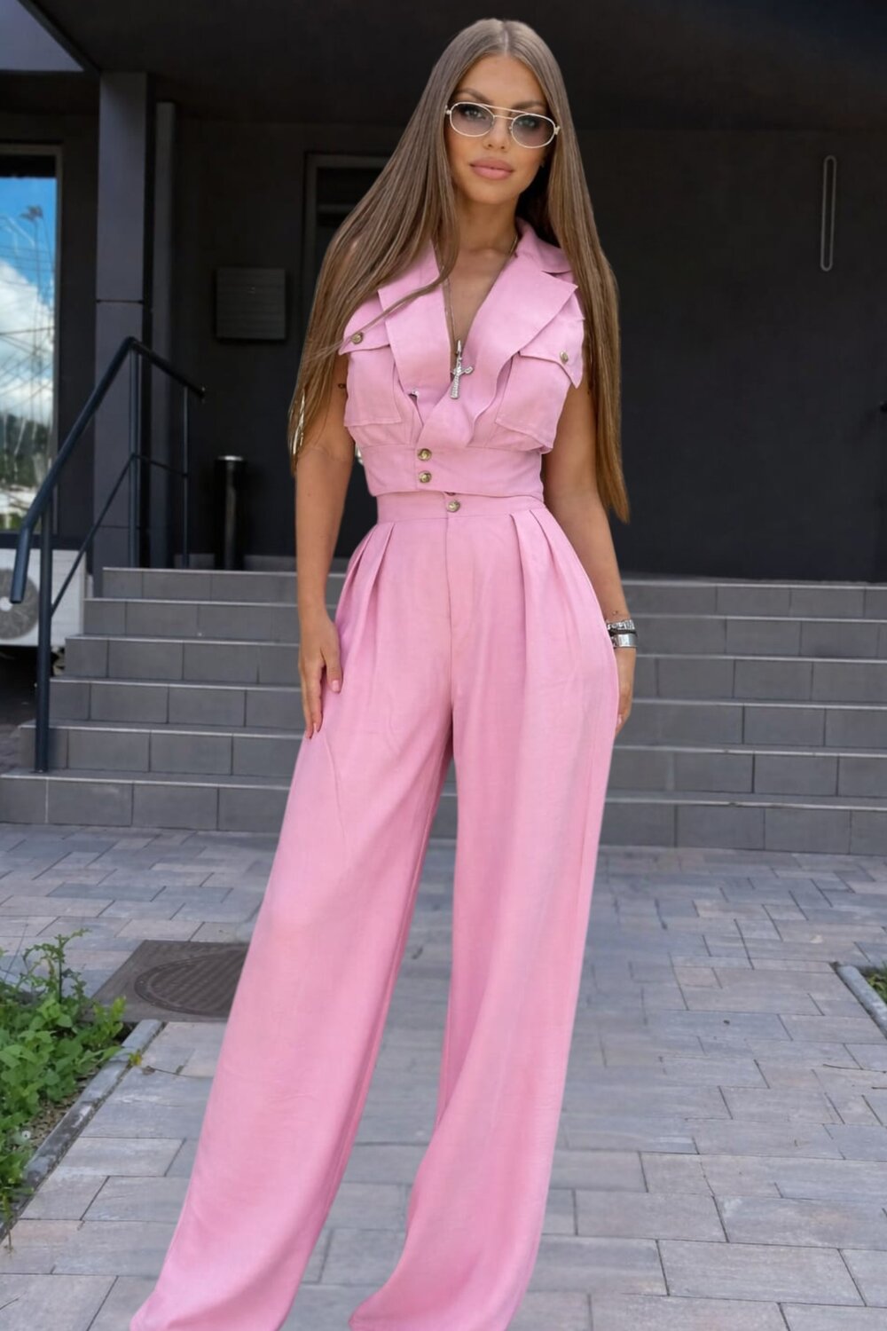 FOGGI Compleu De Dama, Tesatura Tip In, Din Doua Piese, Vesta Si Pantalon, Lush, Roz