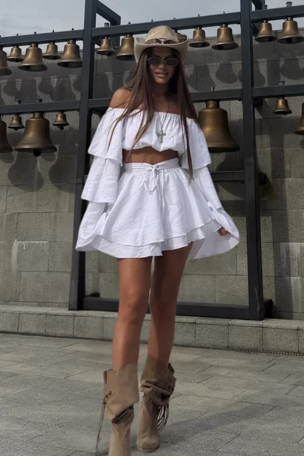 Compleu de Dama,Tip In, Format din Doua Piese, Top Scurt si Fusta Pantalon, Lefkada, Alb