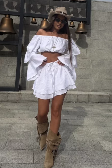 Compleu de Dama,Tip In, Format din Doua Piese, Top Scurt si Fusta Pantalon, Lefkada, Alb