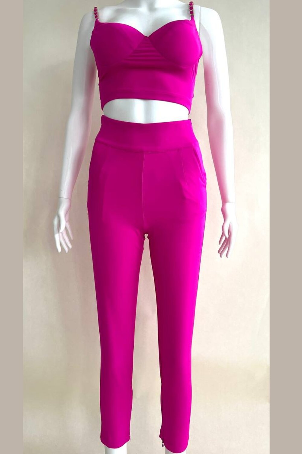 Compleu de Dama, Top Scurt si Pantaloni cu Talie Inalta, Panthere, Fuchsia