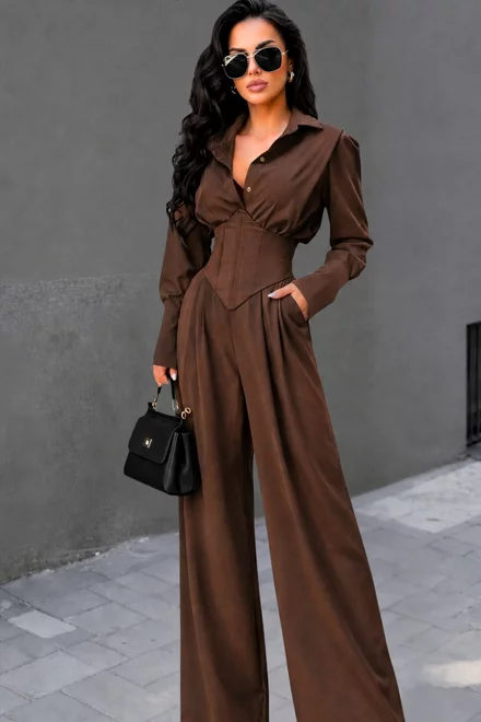 Compleu din Bistrech, Bluza cu Brau Tip Corset si Pantalon Lejer, Erin, Maro
