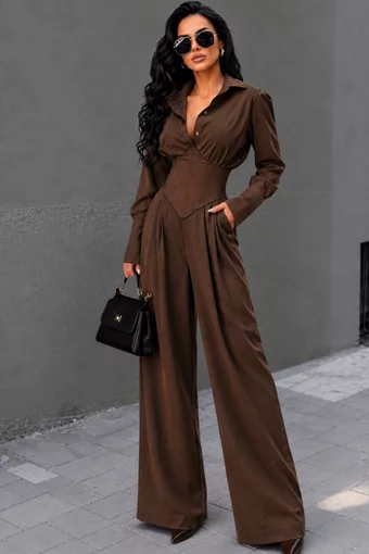 Compleu din Bistrech, Bluza cu Brau Tip Corset si Pantalon Lejer, Erin, Maro