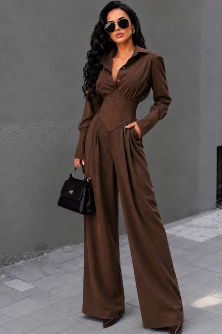 Compleu din Bistrech, Bluza cu Brau Tip Corset si Pantalon Lejer, Erin, Maro