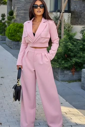 Compleu din Bistrech, Doua Piese, Sacou si Pantalon Lung, Lejer, Seraphine, Roz