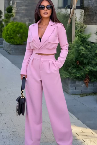 Compleu din Bistrech, Doua Piese, Sacou si Pantalon Lung, Lejer, Seraphine, Roz