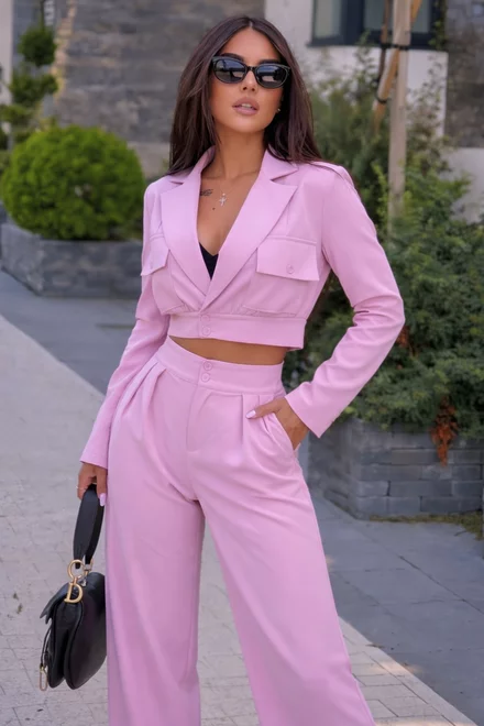 Compleu din Bistrech, Doua Piese, Sacou si Pantalon Lung, Lejer, Seraphine, Roz