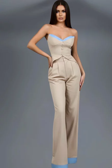 Compleu din Bistrech, Top Scurt  si Pantalon Lejer, Villese, Bej