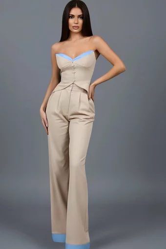 Compleu din Bistrech, Top Scurt  si Pantalon Lejer, Villese, Bej