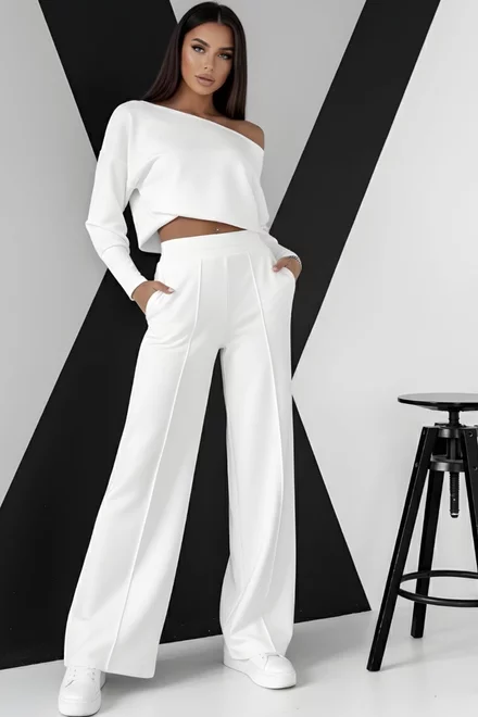 Compleu din Bumbac, din Doua Piese, Bluza si Pantalon, Evanie, Ivory