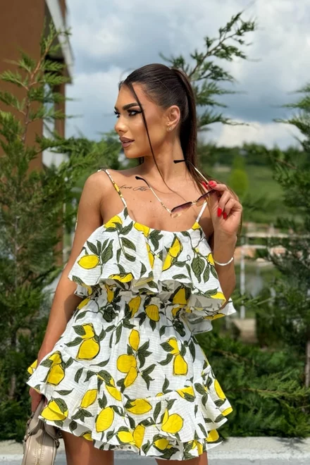 Compleu din Doua Piese , cu Top si Fusta Pantalon , Lemon, Alb 