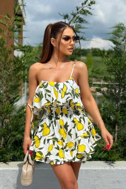 Compleu din Doua Piese , cu Top si Fusta Pantalon , Lemon, Alb 