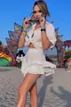Compleu din Doua Piese, din Tesatura Tip In, Camasa cu Maneci Detasabile si Fusta Pantalon, Caroline, Alb