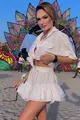 Compleu din Doua Piese, din Tesatura Tip In, Camasa cu Maneci Detasabile si Fusta Pantalon, Caroline, Alb
