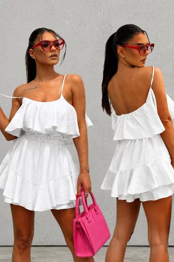 Compleu din Doua Piese, din Tesatura Tip In, Top si Fusta Pantalon, Celin, Alb
