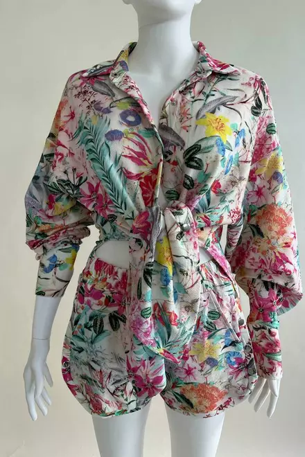 Compleu din Doua Piese, Pantaloni Scurti si Camasa cu Maneci Lungi, Dahlia, Imprimeu Floral