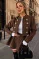 Compleu din Doua Piese, Sacou Tip Military si Fusta Pantalon, Dublate cu Poplin Alb, Macha, Maro