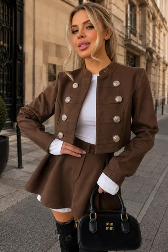 Compleu din Doua Piese, Sacou Tip Military si Fusta Pantalon, Dublate cu Poplin Alb, Macha, Maro