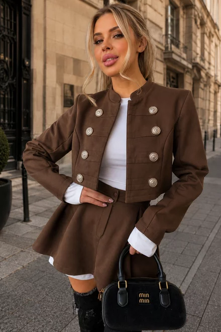 Compleu din Doua Piese, Sacou Tip Military si Fusta Pantalon, Dublate cu Poplin Alb, Macha, Maro